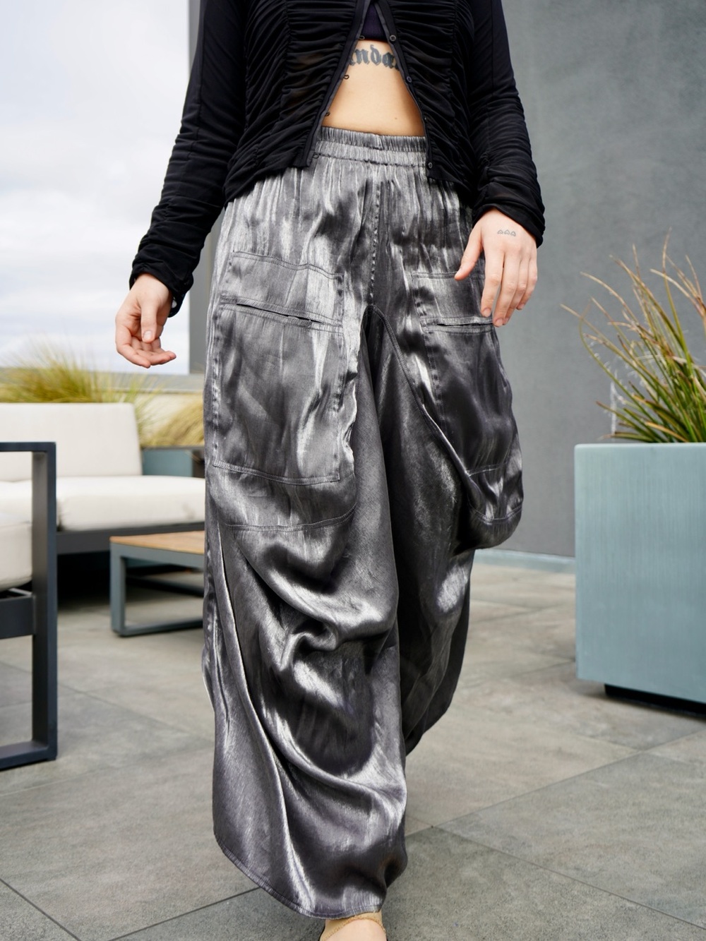 IIKOZE Metallic Silver Wide-Leg Satin Cargo Pants